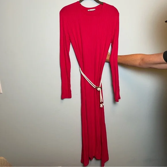 Zara | Dresses | Zara Hot Pink Midi Dress With Belt | Poshmark